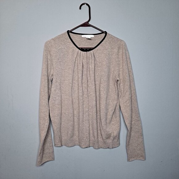 Les Copains Cardigan Velvet Trim Bow Large Oatmeal Office Work Preppy Large - Picture 2 of 9